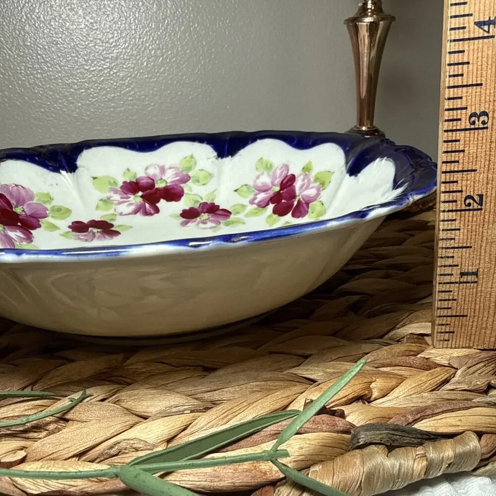 Vintage Japanese Porcelain Floral Serving Bowl Cobalt Blue Rim Scalloped MCM 9”